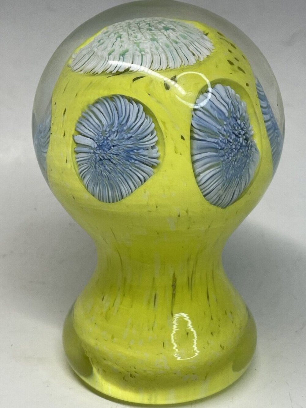 Vintage 20th C. Hand Blown Pedestaled Yellow Millefiori Glass Paperweight